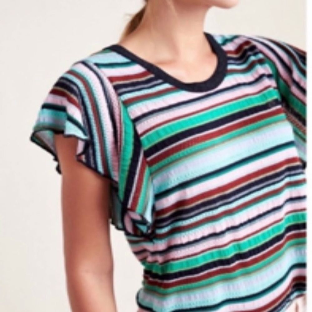 Aldomartins Anthropologie Striped Shimmer Top Flutter Sleeve‎ size XS